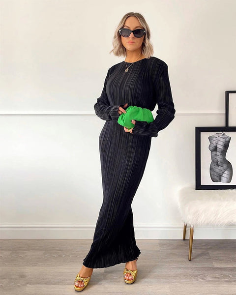 Autumn Winter Solid Maxi Pleated Elegant Long Sleeve Slim Fit Bodycon Club Pencil Dress CODE: KAR1685