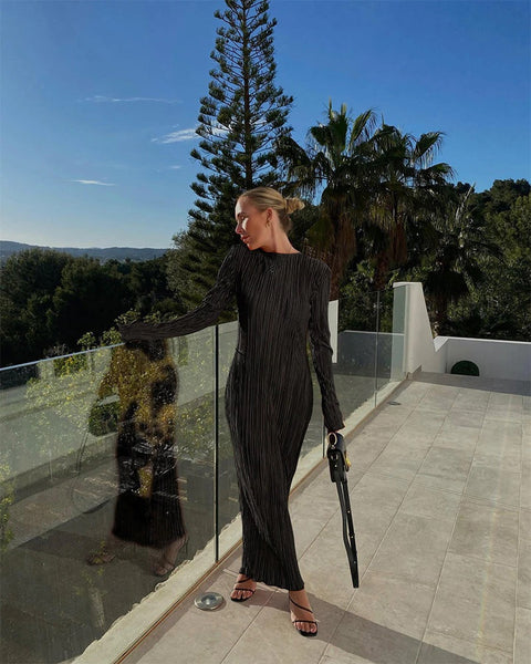 Autumn Winter Solid Maxi Pleated Elegant Long Sleeve Slim Fit Bodycon Club Pencil Dress CODE: KAR1685