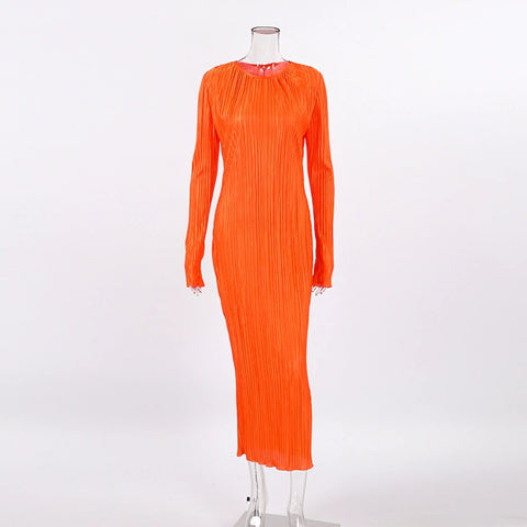 Autumn Winter Solid Maxi Pleated Elegant Long Sleeve Slim Fit Bodycon Club Pencil Dress CODE: KAR1685