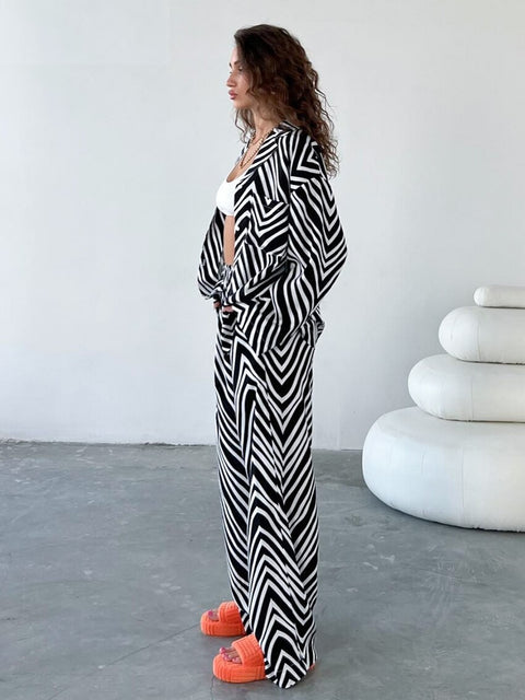 Autumn Elegant Long Sleeve Shirt Casual High Waist Zebra Print Pant 2 Piece Set CODE: KAR1687
