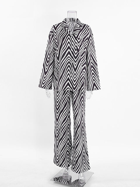 Autumn Elegant Long Sleeve Shirt Casual High Waist Zebra Print Pant 2 Piece Set CODE: KAR1687