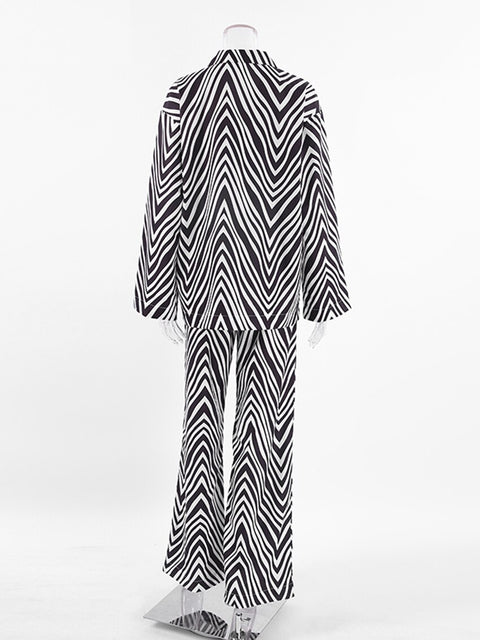 Autumn Elegant Long Sleeve Shirt Casual High Waist Zebra Print Pant 2 Piece Set CODE: KAR1687