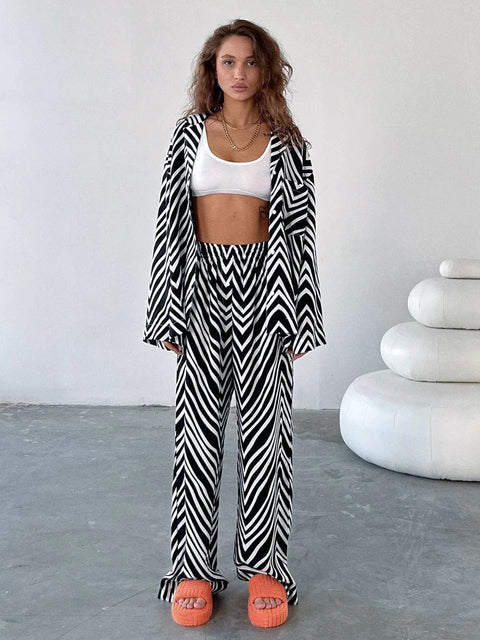 Autumn Elegant Long Sleeve Shirt Casual High Waist Zebra Print Pant 2 Piece Set CODE: KAR1687
