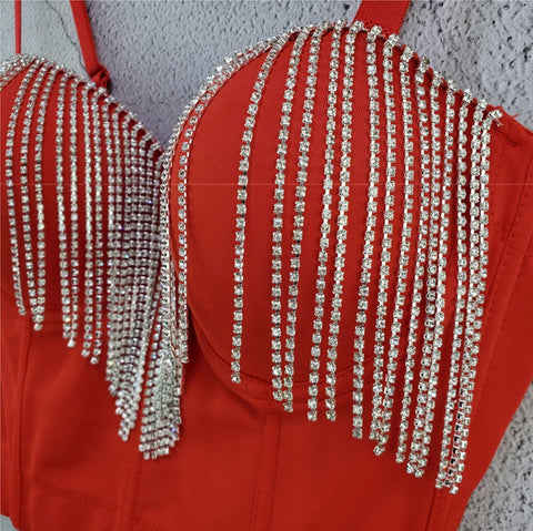 Sexy Tassel Rhinestone Push Up Bralette With Built In Bra Corset Top CODE: KAR1689