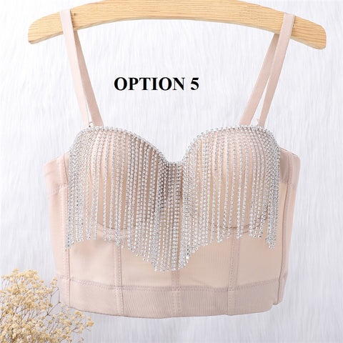 Sexy Tassel Rhinestone Push Up Bralette With Built In Bra Corset Top CODE: KAR1689