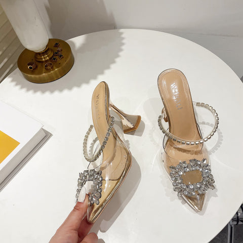 New transparent Pointed Mule rhinestone Slide High Heel CODE: KAR1693