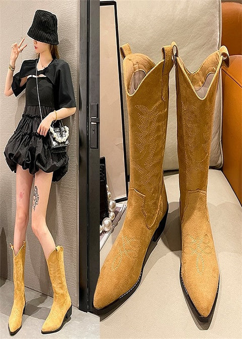Autumn new Western thick heel pointed toe V-mouth embroidered mid retro cowboy boot CODE: KAR1698