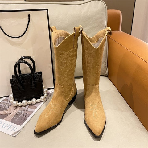 Autumn new Western thick heel pointed toe V-mouth embroidered mid retro cowboy boot CODE: KAR1698