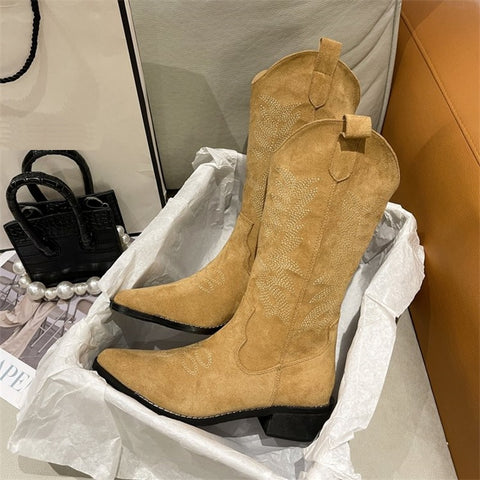Autumn new Western thick heel pointed toe V-mouth embroidered mid retro cowboy boot CODE: KAR1698