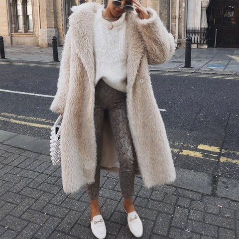 Winter Teddy Faux Fur Solid Color Plush Loose Turn-down Collar Casual Long Warm Coat CODE: KAR1707