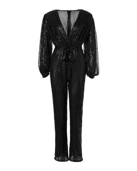 Sexy V Neck Lantern Sleeve Zipper Elegant Sequins Jumpsuit CODE: KAR1712