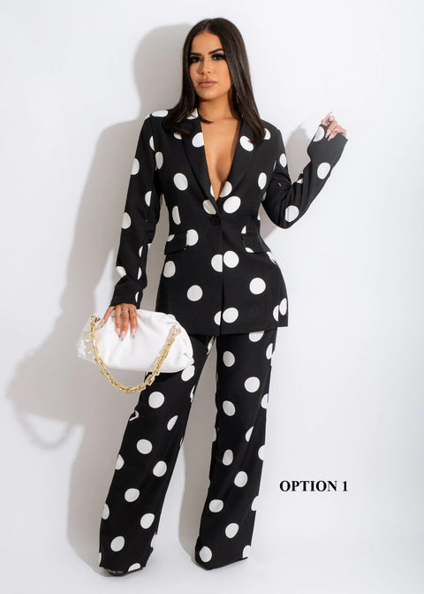 New Fashion Elegant Style Autumn Polka dot Notched Wide leg pant 2pcs CODE: KAR1713