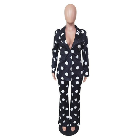 New Fashion Elegant Style Autumn Polka dot Notched Wide leg pant 2pcs CODE: KAR1713