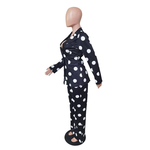 New Fashion Elegant Style Autumn Polka dot Notched Wide leg pant 2pcs CODE: KAR1713