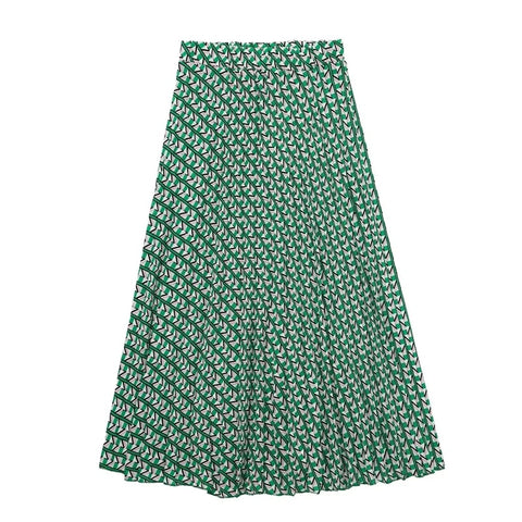 New Fashion Green Pleated Geometric Print Long High Waist Vintage Skirt Set CODE: KAR1715