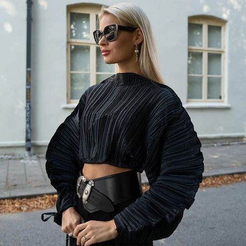 Winter Striped Sexy Neck Lace Up Long Sleeve Crop Top CODE: KAR1716