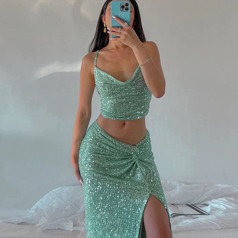 Sequins Sleeveless Backless Crop Top Side Slit Bodycon Midi Skirt 2 Piece Set CODE: KAR1718