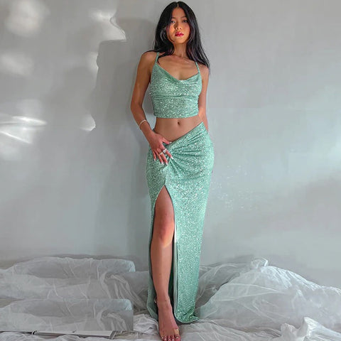 Sequins Sleeveless Backless Crop Top Side Slit Bodycon Midi Skirt 2 Piece Set CODE: KAR1718