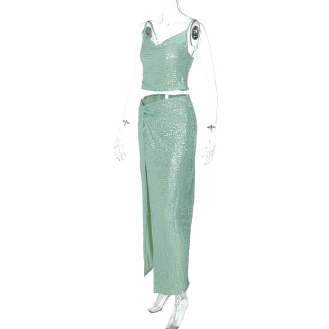 Sequins Sleeveless Backless Crop Top Side Slit Bodycon Midi Skirt 2 Piece Set CODE: KAR1718