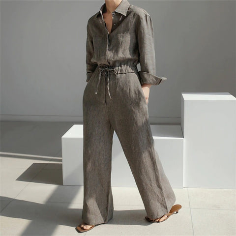 New Fashion Linen Lapel Wide Leg With Pocket Jumpsuit CODE: KAR1721