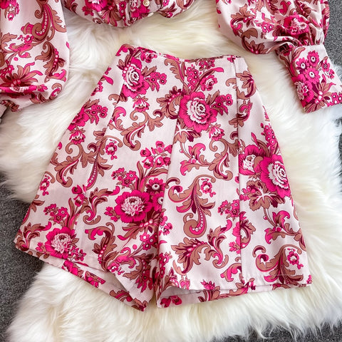 New printing single-breasted stand-up collar lantern sleeve shirt high-waisted short two-piece Set CODE: KAR1722