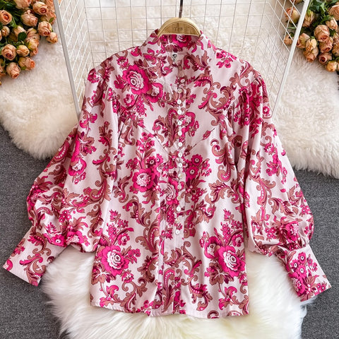 New printing single-breasted stand-up collar lantern sleeve shirt high-waisted short two-piece Set CODE: KAR1722