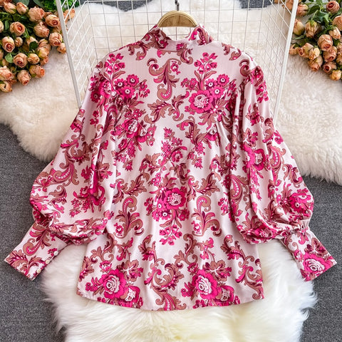 New printing single-breasted stand-up collar lantern sleeve shirt high-waisted short two-piece Set CODE: KAR1722