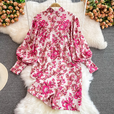New printing single-breasted stand-up collar lantern sleeve shirt high-waisted short two-piece Set CODE: KAR1722