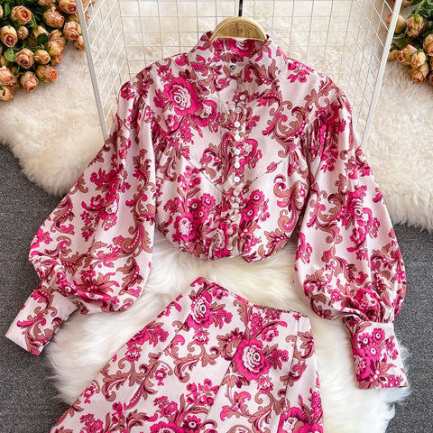 New printing single-breasted stand-up collar lantern sleeve shirt high-waisted short two-piece Set CODE: KAR1722