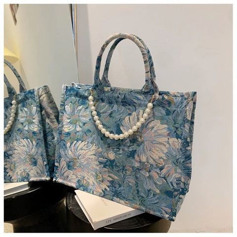 New Luxury Canvas Tote Bag Pearl Bead Decorated Diagonal Handbag CODE: KAR1723
