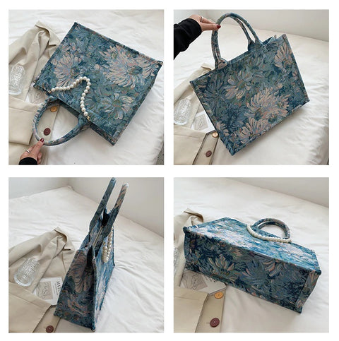 New Luxury Canvas Tote Bag Pearl Bead Decorated Diagonal Handbag CODE: KAR1723