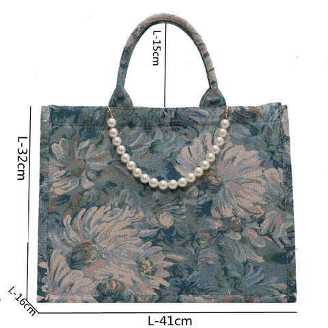 New Luxury Canvas Tote Bag Pearl Bead Decorated Diagonal Handbag CODE: KAR1723