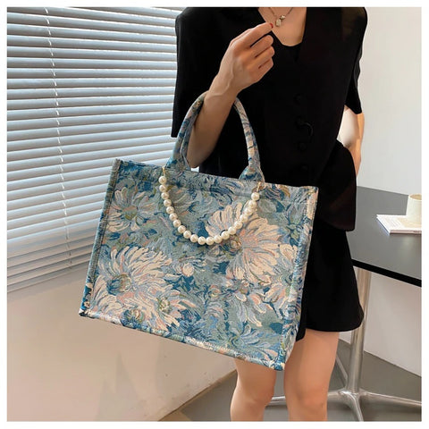 New Luxury Canvas Tote Bag Pearl Bead Decorated Diagonal Handbag CODE: KAR1723