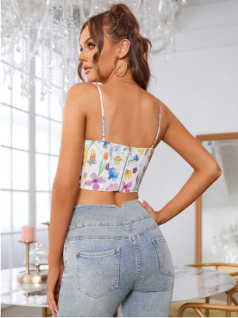 Floral Print Bustier Boned Push up Pad Pile Collar Zip Spaghetti Strap Tank Top CODE: KAR1725
