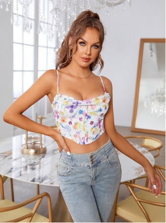 Floral Print Bustier Boned Push up Pad Pile Collar Zip Spaghetti Strap Tank Top CODE: KAR1725