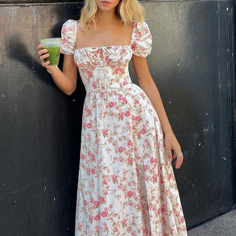 Summer Floral Short Sleeve Sexy Swing Flower Print Lace Up Maxi Long Dress CODE: KAR1726