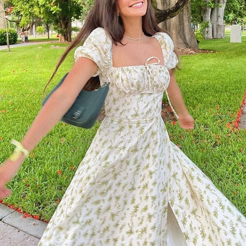 Summer Floral Short Sleeve Sexy Swing Flower Print Lace Up Maxi Long Dress CODE: KAR1726