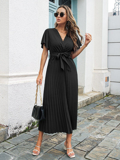 Summer Leisure Lotus Leaf Sleeve with Large Lace and Pleated Long Fashionable Dress CODE: KAR1729