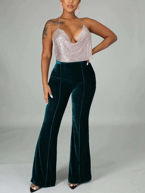 Autumn Winter Velour Flared Bell Bottom High Waist Pant CODE: KAR1730