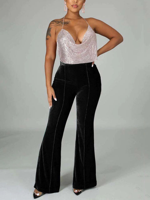 Autumn Winter Velour Flared Bell Bottom High Waist Pant CODE: KAR1730