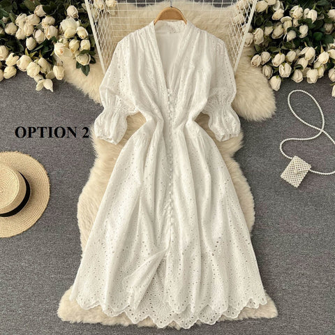 Summer  Long Flared Sleeved V Neck Hollowed Out Elastic Waist Dress CODE: KAR1733