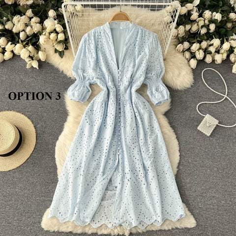 Summer  Long Flared Sleeved V Neck Hollowed Out Elastic Waist Dress CODE: KAR1733