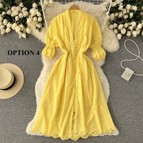 Summer  Long Flared Sleeved V Neck Hollowed Out Elastic Waist Dress CODE: KAR1733