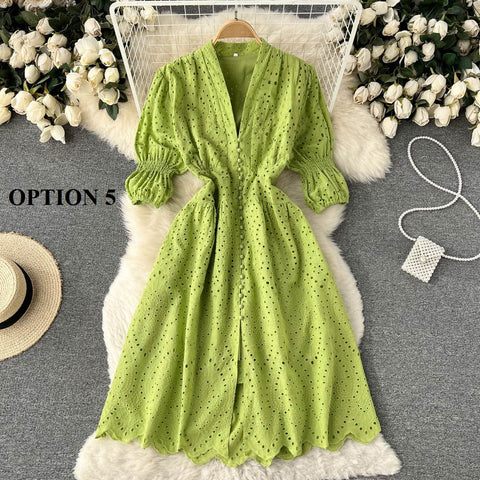 Summer  Long Flared Sleeved V Neck Hollowed Out Elastic Waist Dress CODE: KAR1733
