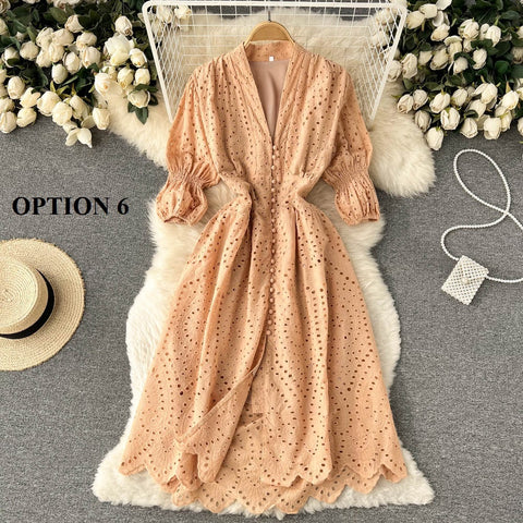 Summer  Long Flared Sleeved V Neck Hollowed Out Elastic Waist Dress CODE: KAR1733