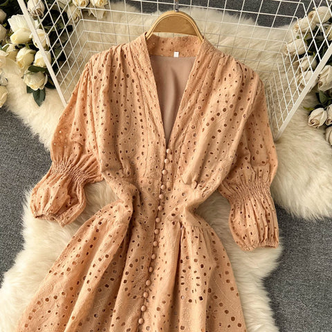Summer  Long Flared Sleeved V Neck Hollowed Out Elastic Waist Dress CODE: KAR1733