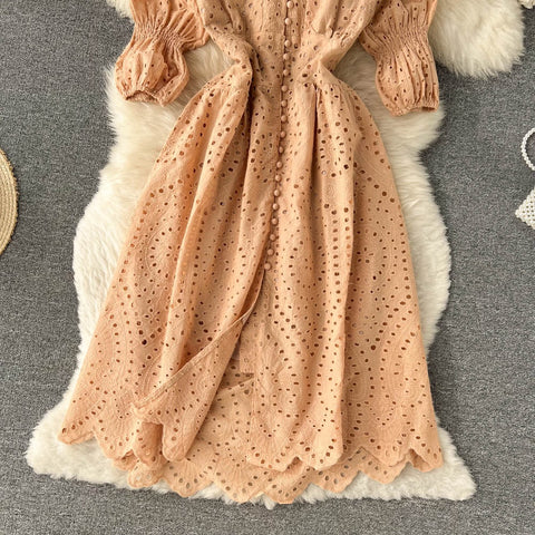 Summer  Long Flared Sleeved V Neck Hollowed Out Elastic Waist Dress CODE: KAR1733