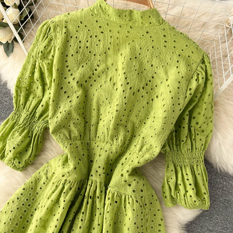 Summer  Long Flared Sleeved V Neck Hollowed Out Elastic Waist Dress CODE: KAR1733