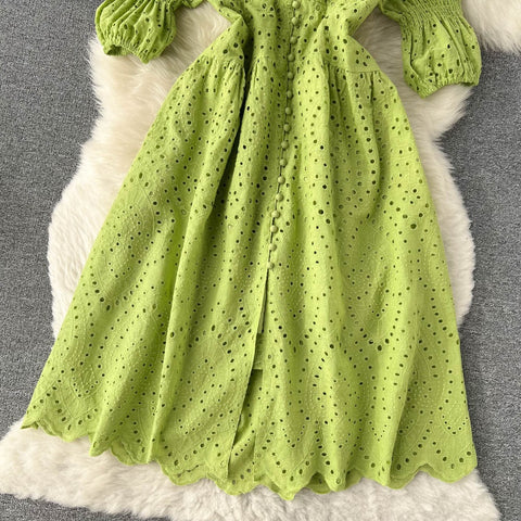 Summer  Long Flared Sleeved V Neck Hollowed Out Elastic Waist Dress CODE: KAR1733