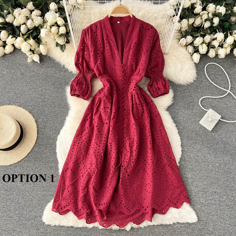 Summer  Long Flared Sleeved V Neck Hollowed Out Elastic Waist Dress CODE: KAR1733